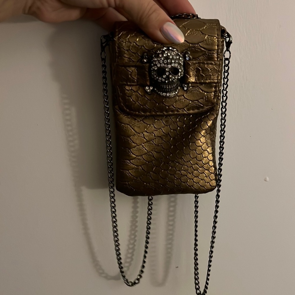 Skull gold cross body cell phone holder or small wallet